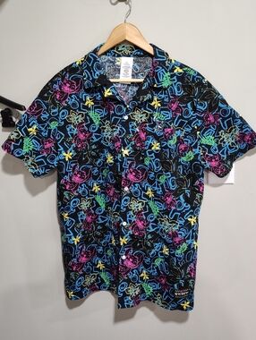 Disney Stitch Black Hawaiian Button Down Shirt Short Sleeve Disney Dad Men’s M